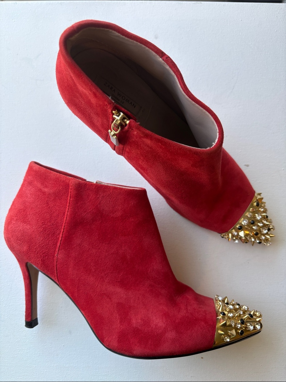 Zara Red Suede Ankle Boots Pointed Toe Gold Studded Embellished Size 37